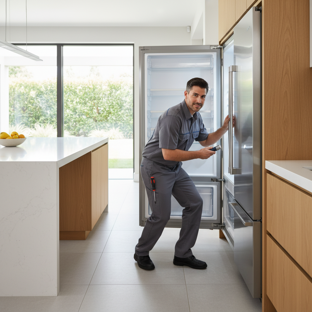 Professional appliance repair technician inspecting a built-in refrigerator