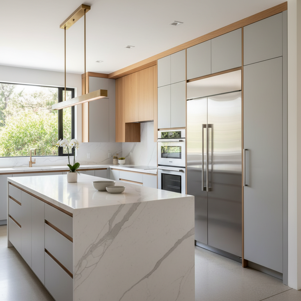 Upscale kitchen with integrated refrigerator and wall oven